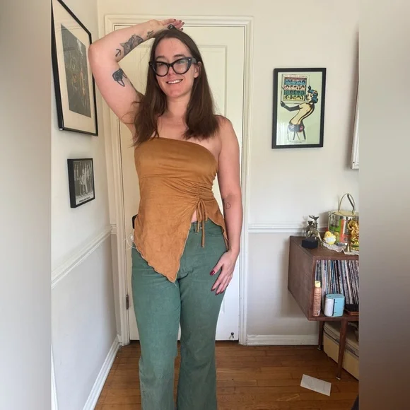 Y2K Vintage Brown Ultra Suede Asymmetrical Top Sz L - Picture 1 of 6